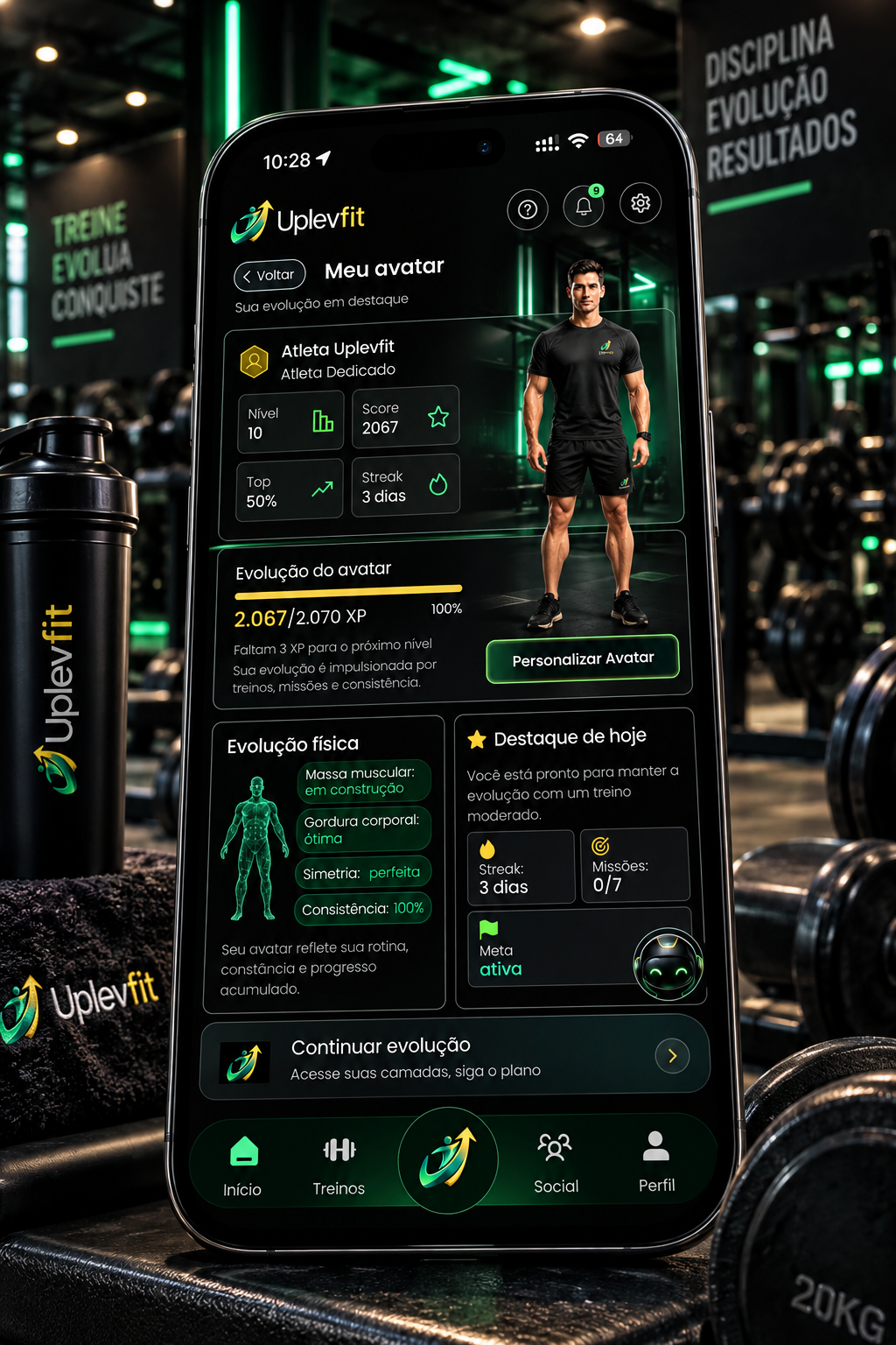 Mockup Uplevfit na academia: Meu avatar, nível, XP e personalização