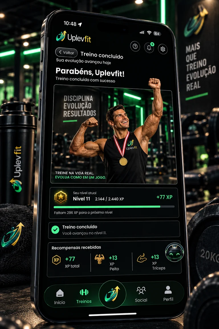 Mockup Uplevfit na academia: treino concluído com resumo de XP e recompensas