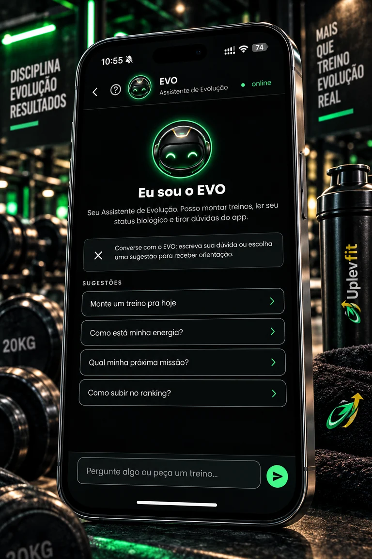 Mockup Uplevfit na academia: EVO, Assistente de Evolução, com sugestões de conversa