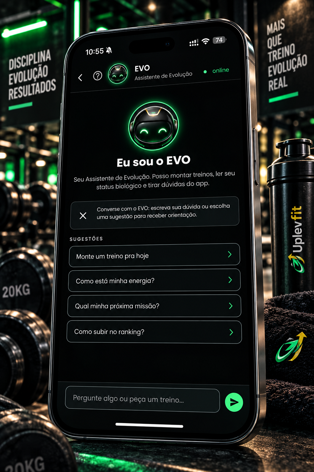 Mockup Uplevfit na academia: EVO, Assistente de Evolução, com sugestões de conversa