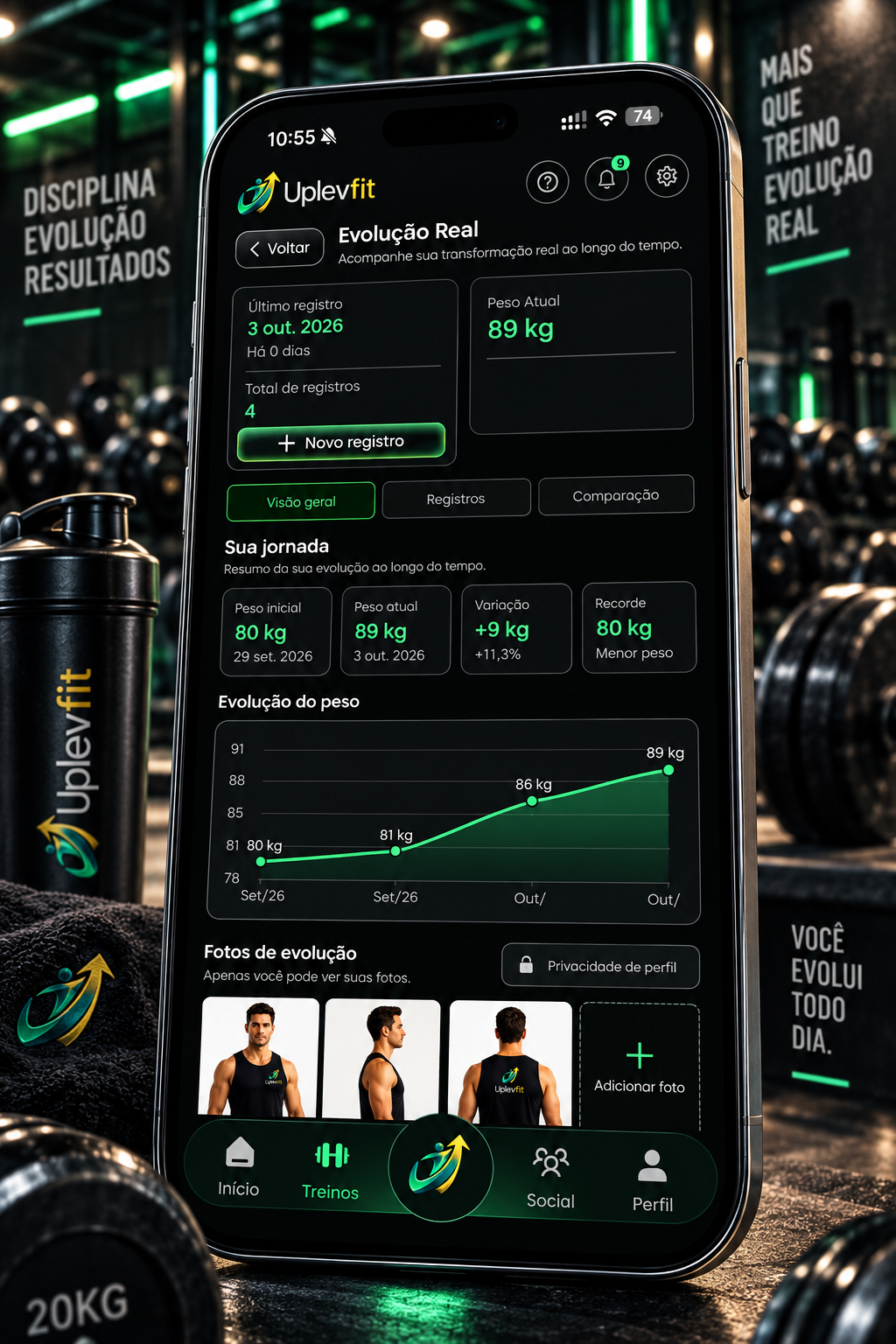 Mockup Uplevfit na academia: Evolução Real com registros, fotos e gráfico de peso