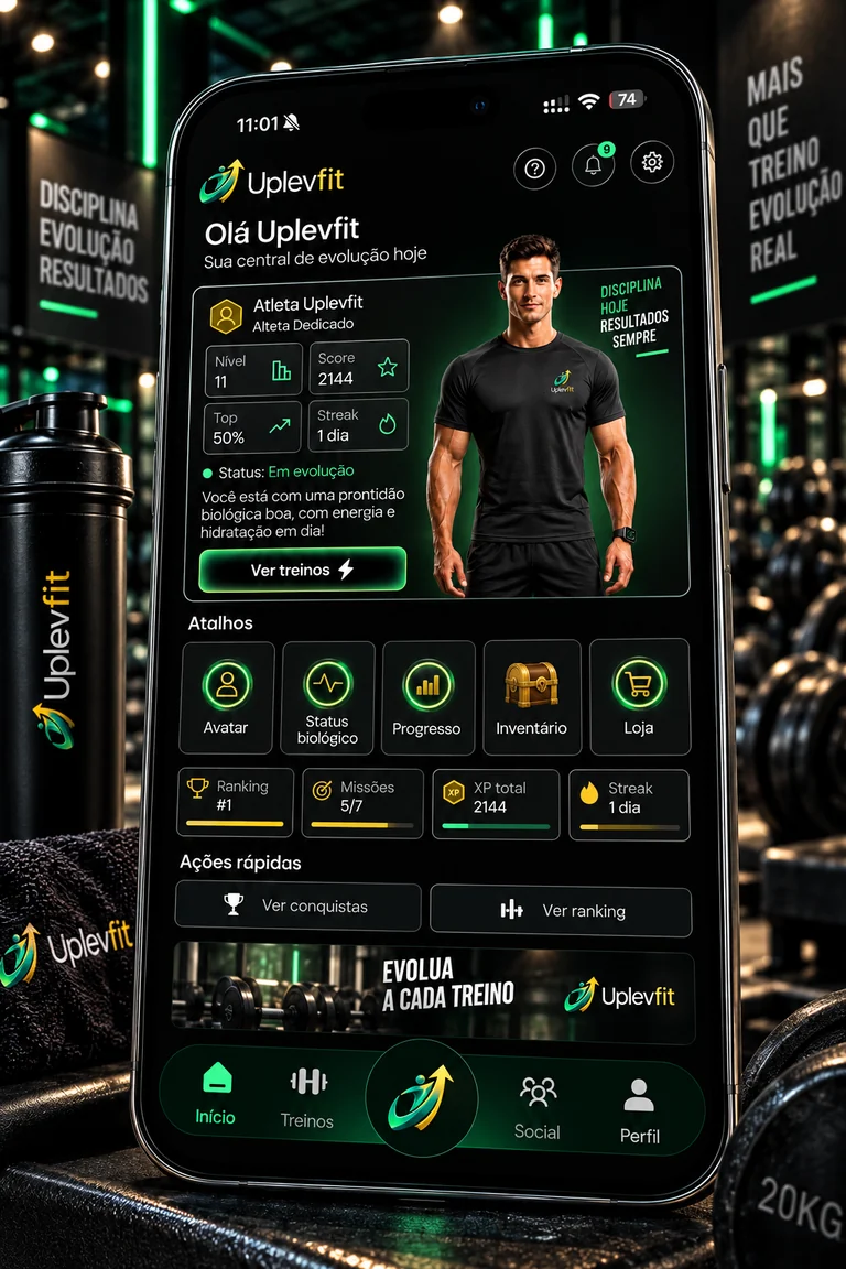 Mockup Uplevfit na academia: tela inicial com avatar, nível, atalhos e progresso