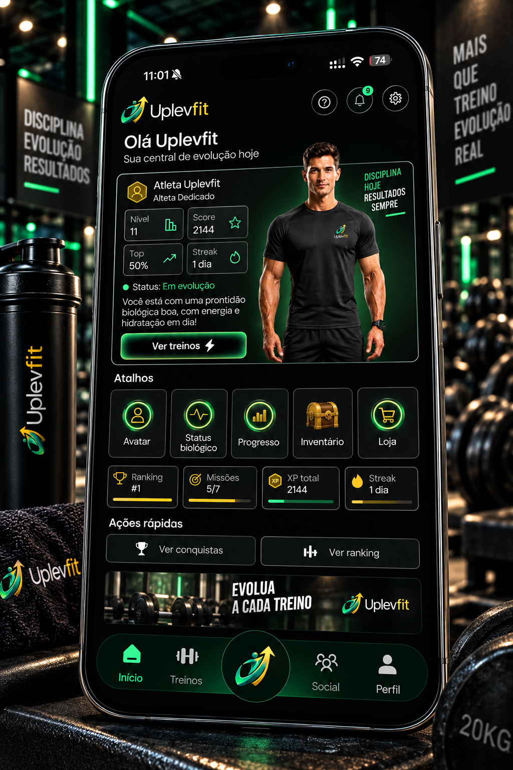 Mockup Uplevfit na academia: tela inicial com avatar, nível, atalhos e progresso
