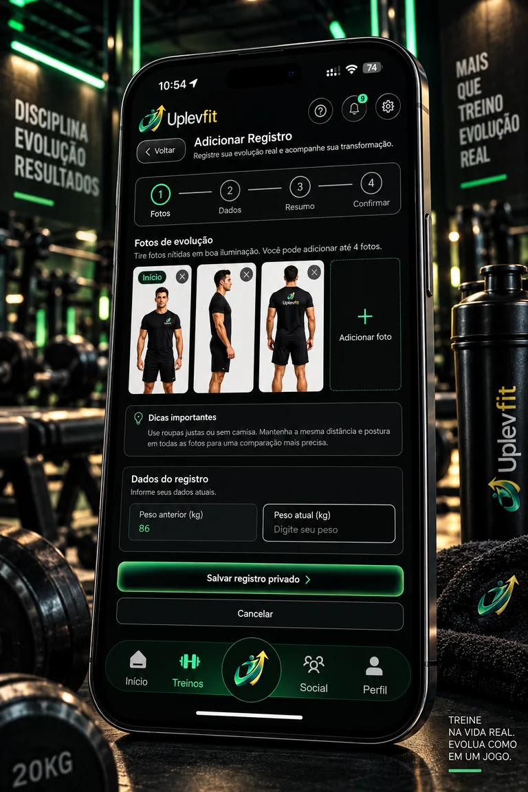 Mockup Uplevfit na academia: Adicionar Registro com fotos de evolução e dados de peso
