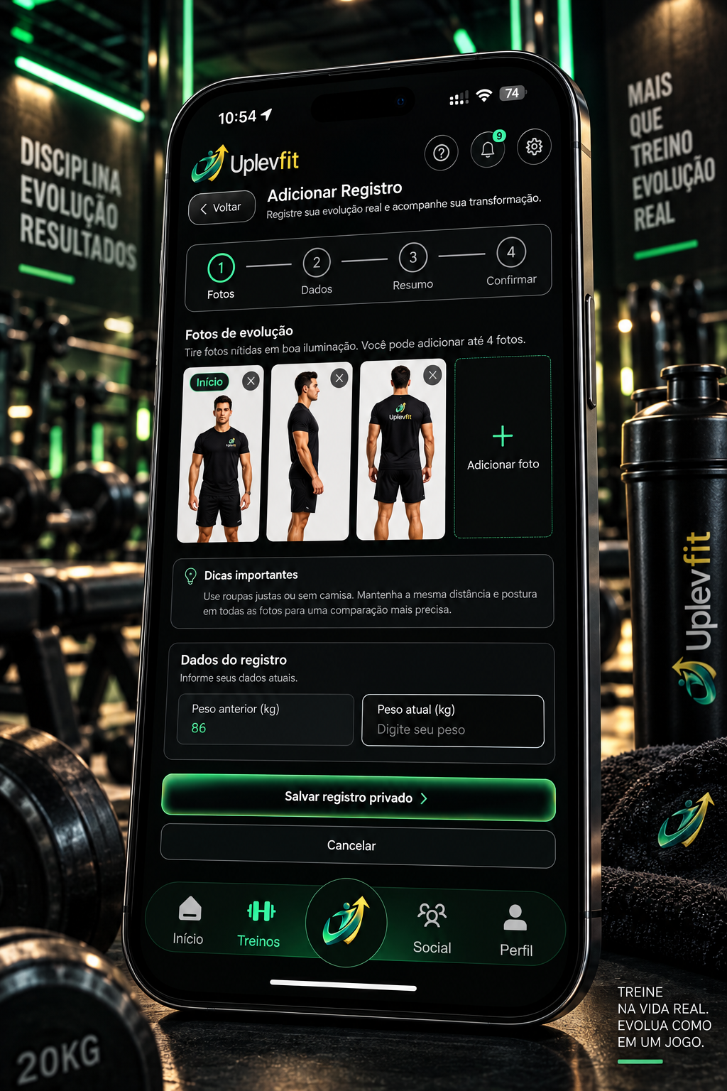 Mockup Uplevfit na academia: Adicionar Registro com fotos de evolução e dados de peso