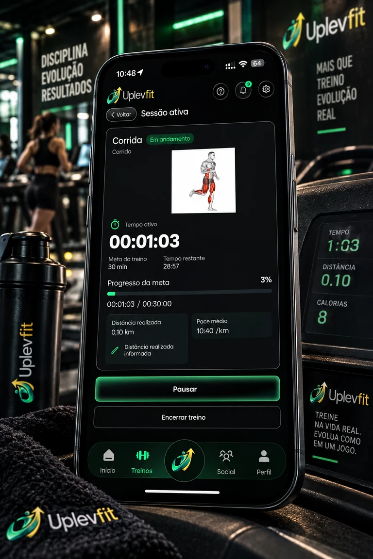 Mockup Uplevfit na academia: sessão de corrida ativa com tempo, distância e progresso