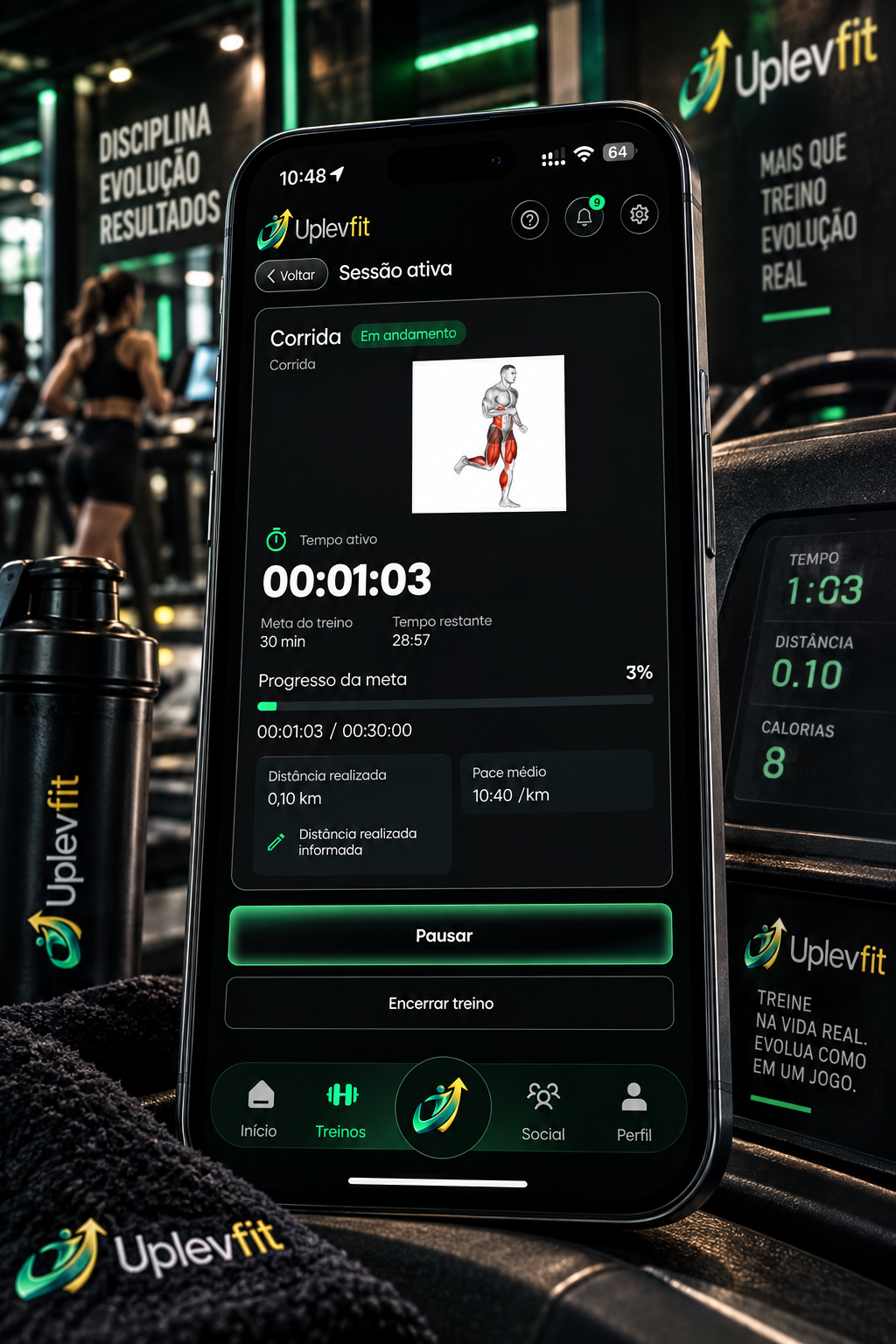 Mockup Uplevfit na academia: sessão de corrida ativa com tempo, distância e progresso