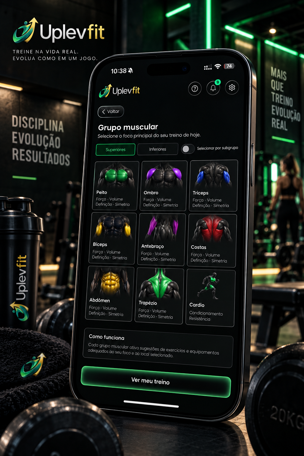 Mockup Uplevfit na academia: seleção de grupos musculares para o treino