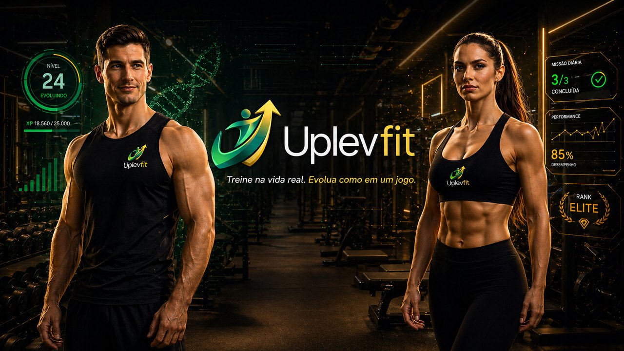 Avatares Uplevfit em academia com HUD de nível, missões e ranking